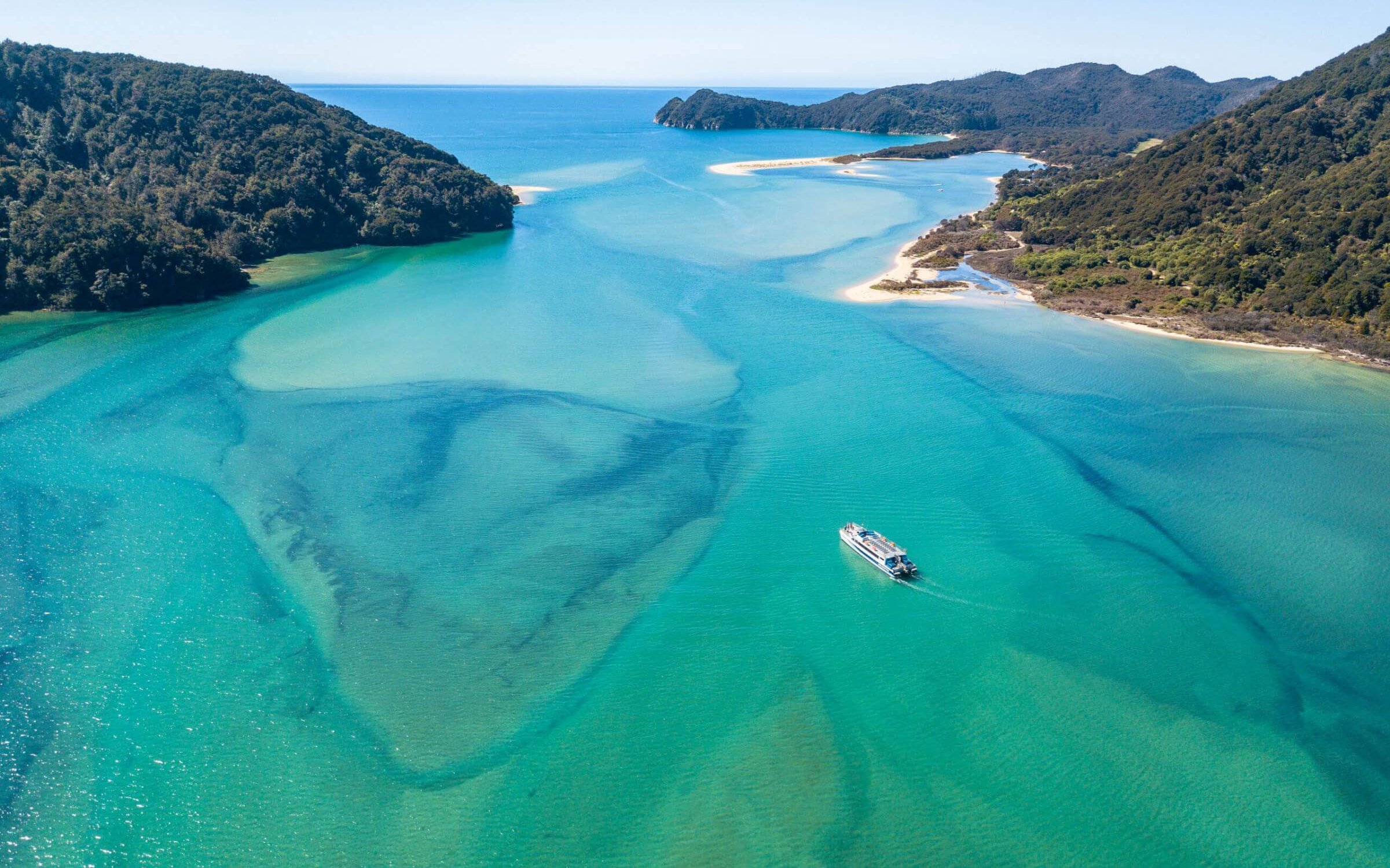Sea shuttle aerial photo at Awaroa in Abel Tasman